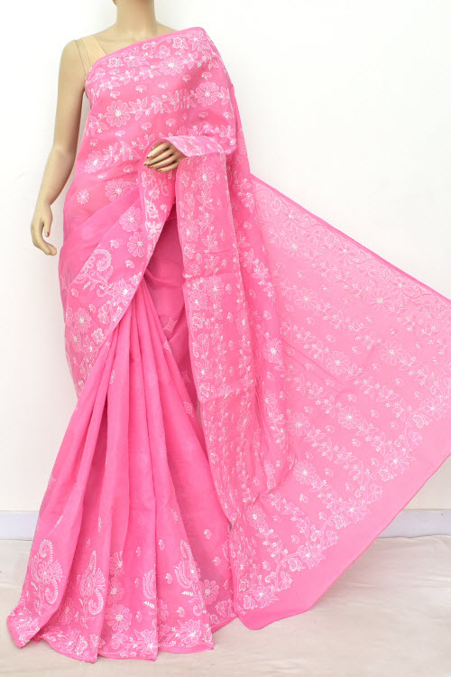 Onion Hand Embroidered Lucknowi Chikankari Saree (With Blouse - Cotton) Rich Border And Pallu 14817