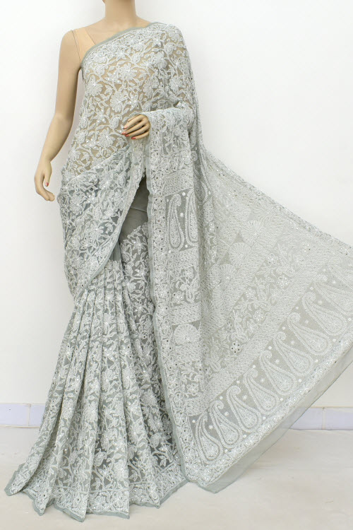 Grey Allover Hand Embroidered With Fine Mukaish Work Lucknowi Chikankari Saree (With Blouse - Faux Georgette) 15032 (A Bridal Collection)