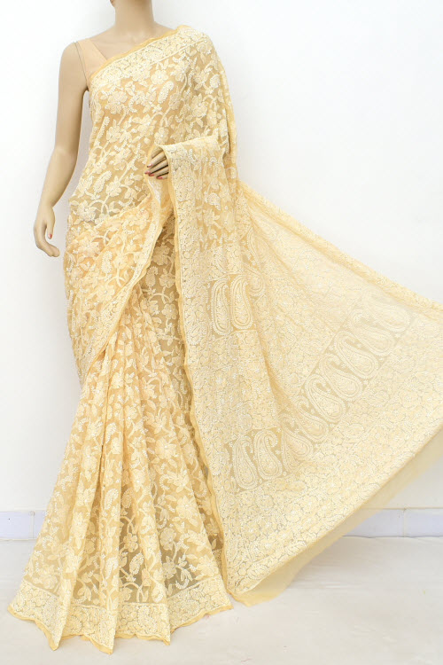 Fawn Allover Hand Embroidered Lucknowi Chikankari Saree (With Blouse - Georgette) 15046