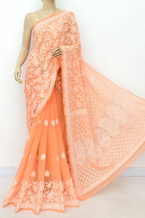 Light Orange Designer Hand Embroidered Lucknowi Chikankari Saree (With Blouse - Georgette) Half Jaal 17299