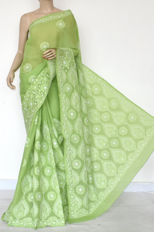 Green Hand Embroidered Lucknowi Chikankari Saree (Cotton-With Blouse) 14756
