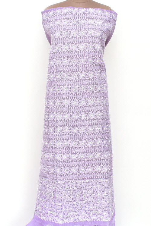 Lavender Hand Embroidered Lucknowi Chikankari Kota Cotton Kurti Fabric 18430