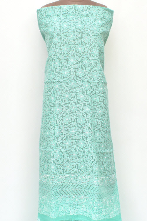 Light Green Hand Embroidered Chikankari Kota Cotton Kurti Fabric 18424