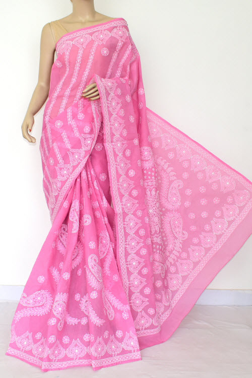 Pink Exclusive Hand Embroidered Lucknowi Chikankari Saree (With Blouse - Cotton) 14784