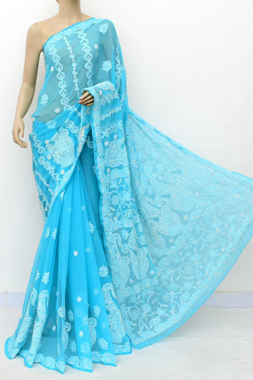 Pherozi Blue Hand Embroidered Lucknowi Chikankari Saree (With Blouse - Georgette) Rich Pallu 14981