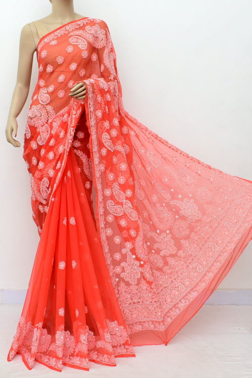 Dark Peach Hand Embroidered Lucknowi Chikankari Saree (With Blouse - Georgette) Half Jaal 14976