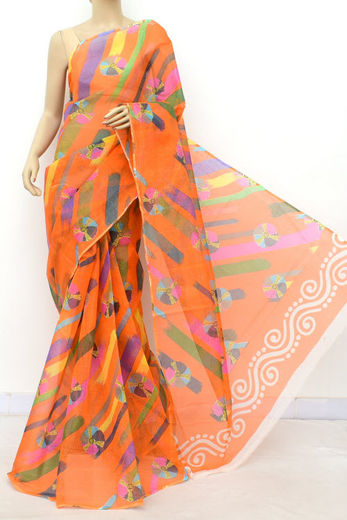 Orange JP Kota Doria Batik Print Cotton Saree (without Blouse) 15546