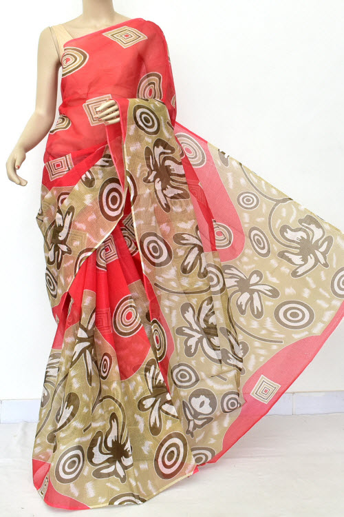 Red Premium Kota Doria Printed Cotton Saree (without Blouse) 15559