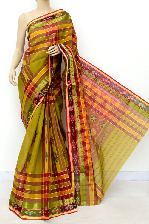 Menhdi Green Maroon Handloom Bengal Tant Cotton Saree (Without Blouse) Kotki Border 13936
