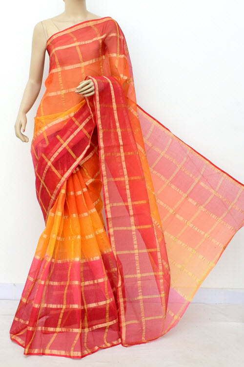 Red Yellow Kota Doria Allover Zari Check Cotton Saree (without Blouse) 15501