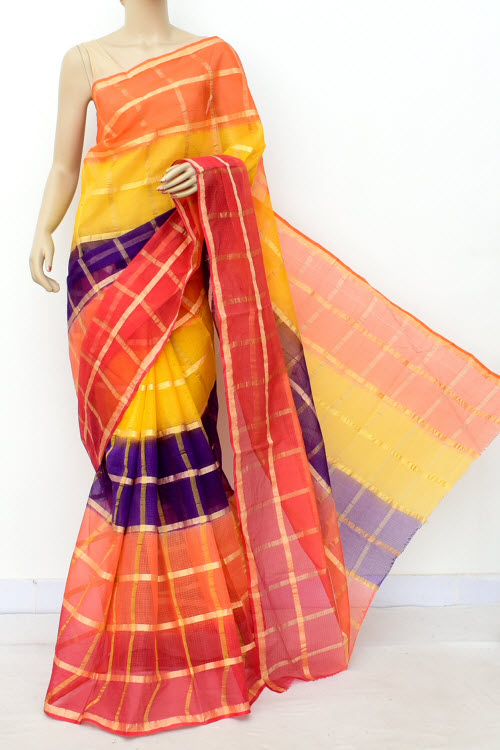 Multi-Color Kota Doria Allover Zari Check Cotton Saree (without Blouse) 15502