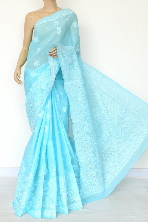 Light Pherozi Blue Hand Embroidered Lucknowi Chikankari Saree (With Blouse - Cotton) Rich Border and Pallu 14764