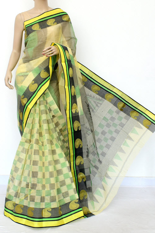 Cream Green Black Printed Handwoven Bengal Tant Cotton Saree (Without Blouse) Zari Border 17146