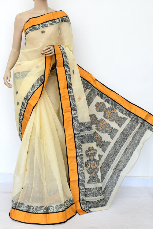 Off White Black Handwoven Bengal Tant Cotton Saree (Without Blouse) Yellow Munga Border 17108