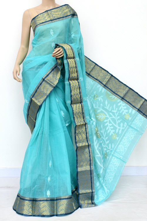 Sea Green Handwoven Bengal Tant Cotton Saree (Without Blouse) Zari Border 17005