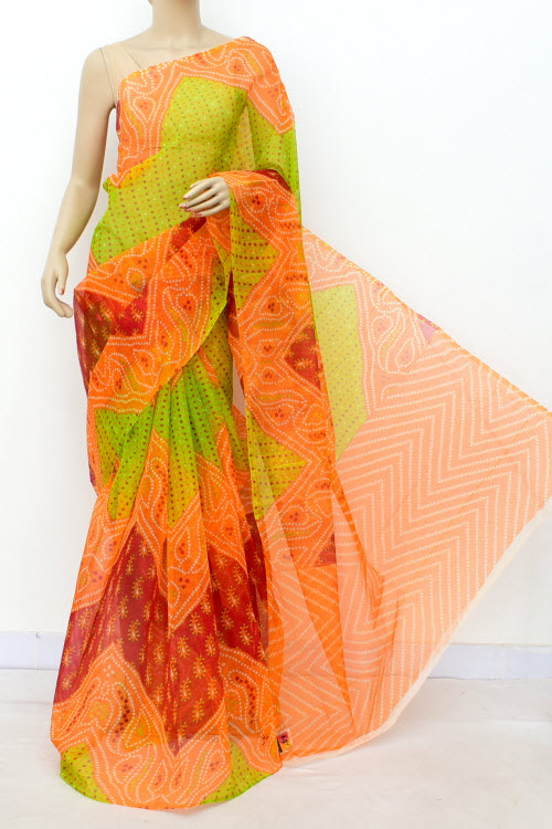 Orange Green Premium JP Munga Kota Chunri Print Cotton Saree (without Blouse) 15506